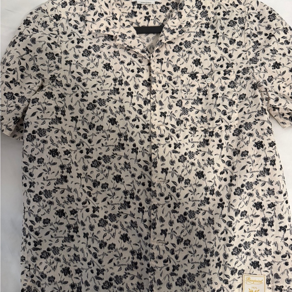 Bonpoint Cream Button-Down Shirt with Black Floral Print